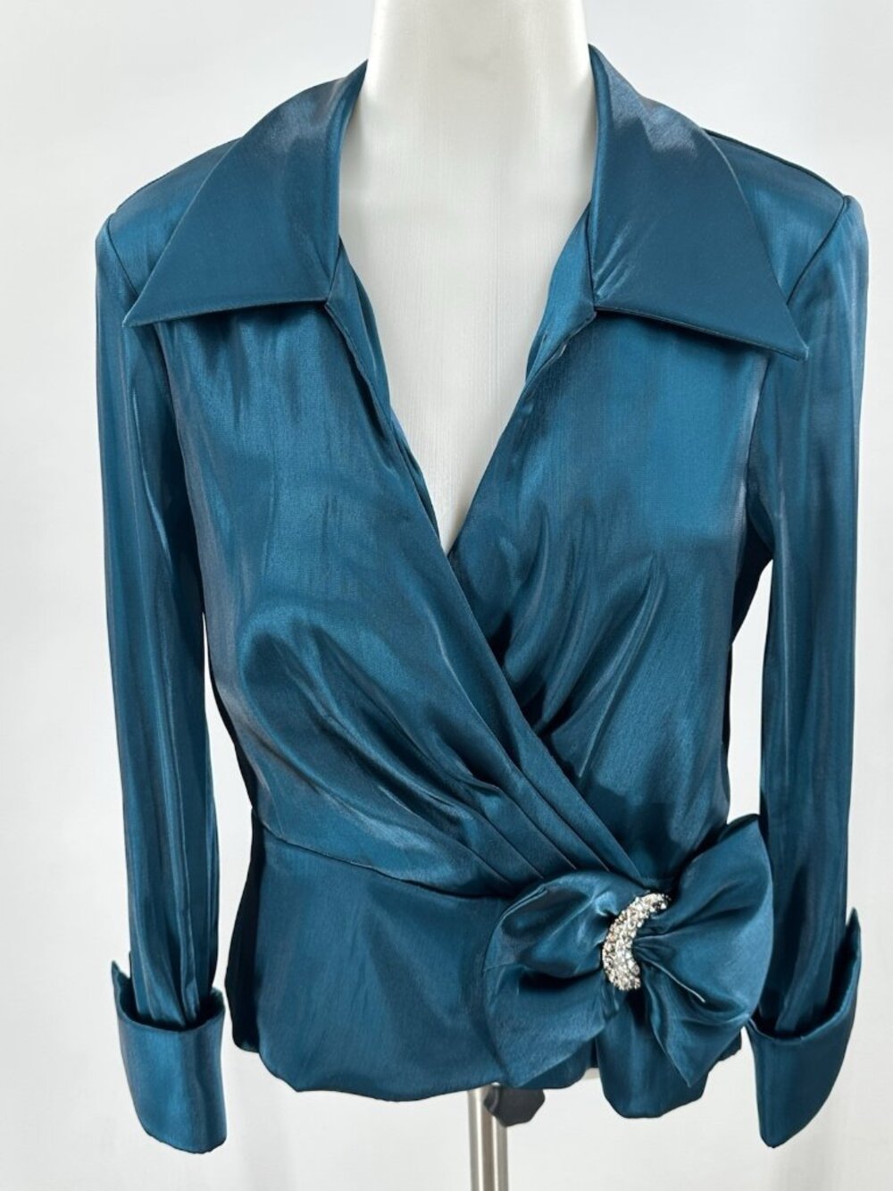 Vintage Cachet Emerald Green Y2K  Organza Evening Blouse Rhinestone Bow Dressy 6